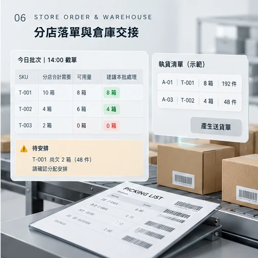 分店訂單彙整與倉庫執貨交接的概念圖。