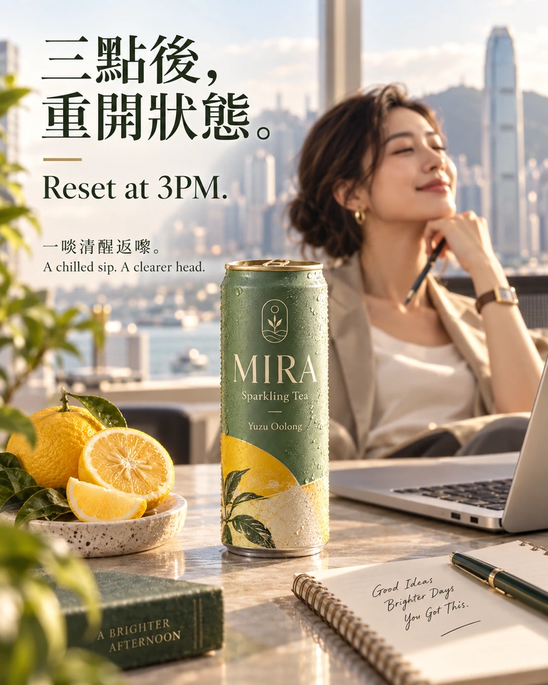 MIRA Sparkling Tea 下午小休廣告概念：「三點後，重開狀態。」；帶水珠的飲料罐放在桌面前景，旁邊有電腦、筆記簿與柚子。柔焦背景中的亞洲女性暫時放低工作，享受午後陽光與片刻休息。