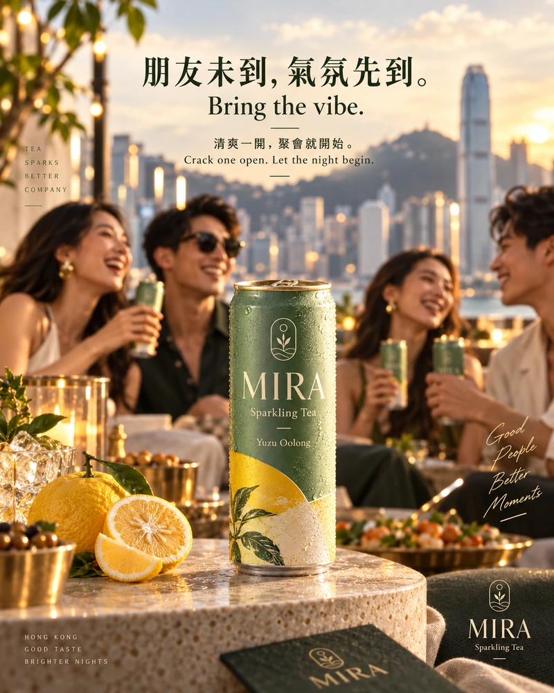 MIRA Sparkling Tea 聚會氣氛廣告概念：「朋友未到，氣氛先到。」；黃昏天台或城市露台，一群亞洲朋友聊天、笑著拿起飲料。產品在前景清晰呈現，背景透過人物互動、食物與暖光交代聚會氣氛。