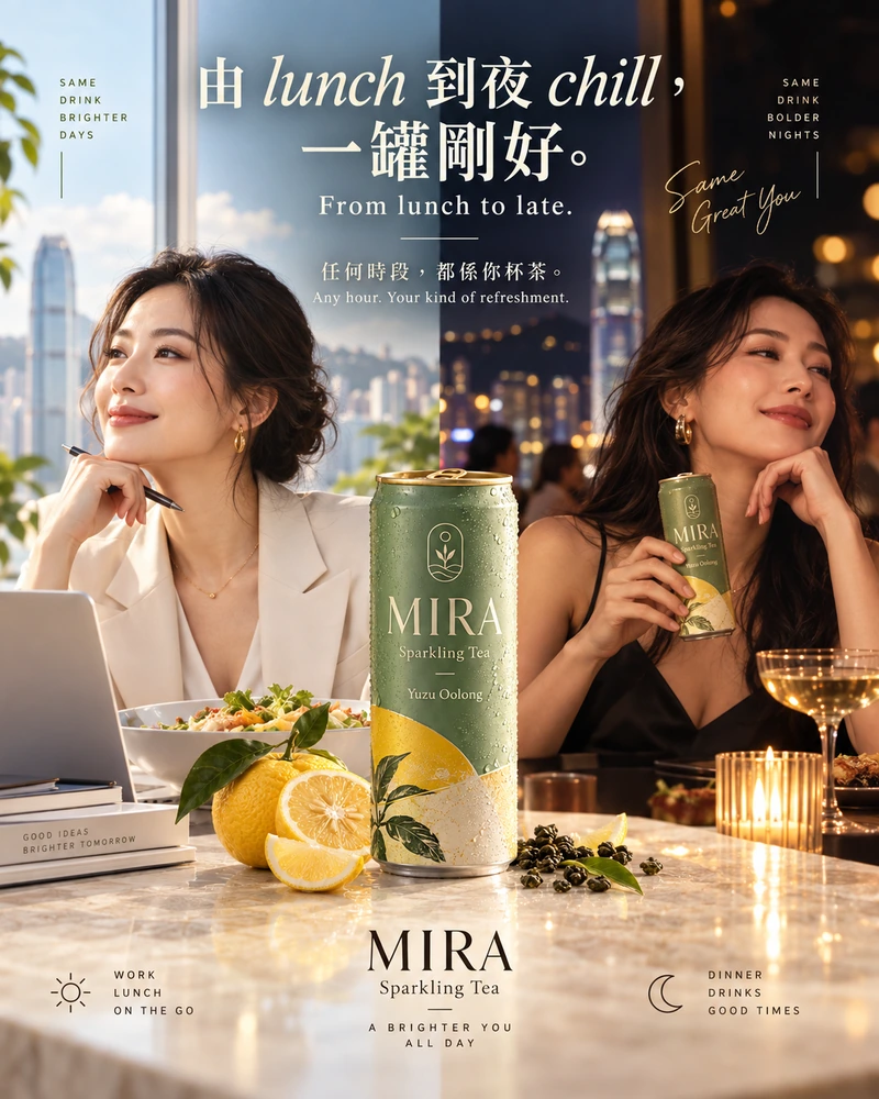 MIRA Sparkling Tea 日夜都啱廣告概念：「由 lunch 到夜 chill，一罐剛好。」；左右分割日夜情境：日間有工作桌面、午餐與明亮城市背景；晚間有餐桌、暖光與輕鬆聚會氣氛。相同包裝的產品置中，連接不同生活片段。