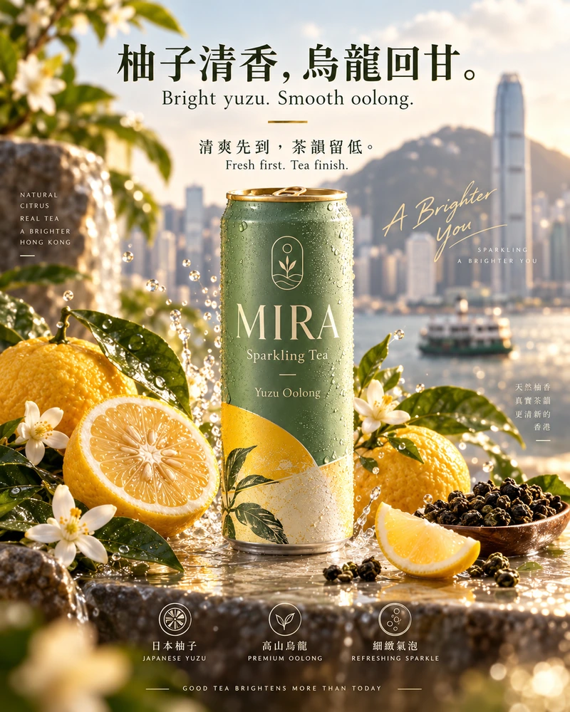 MIRA Sparkling Tea 風味主角廣告概念：「柚子清香，烏龍回甘。」；飲料罐置中，周圍有柚子切面、茶葉、花朵、葉片與水珠。運用果肉細節、茶葉質感及水花，讓產品本身的風味線索成為主角，不依靠人物故事。