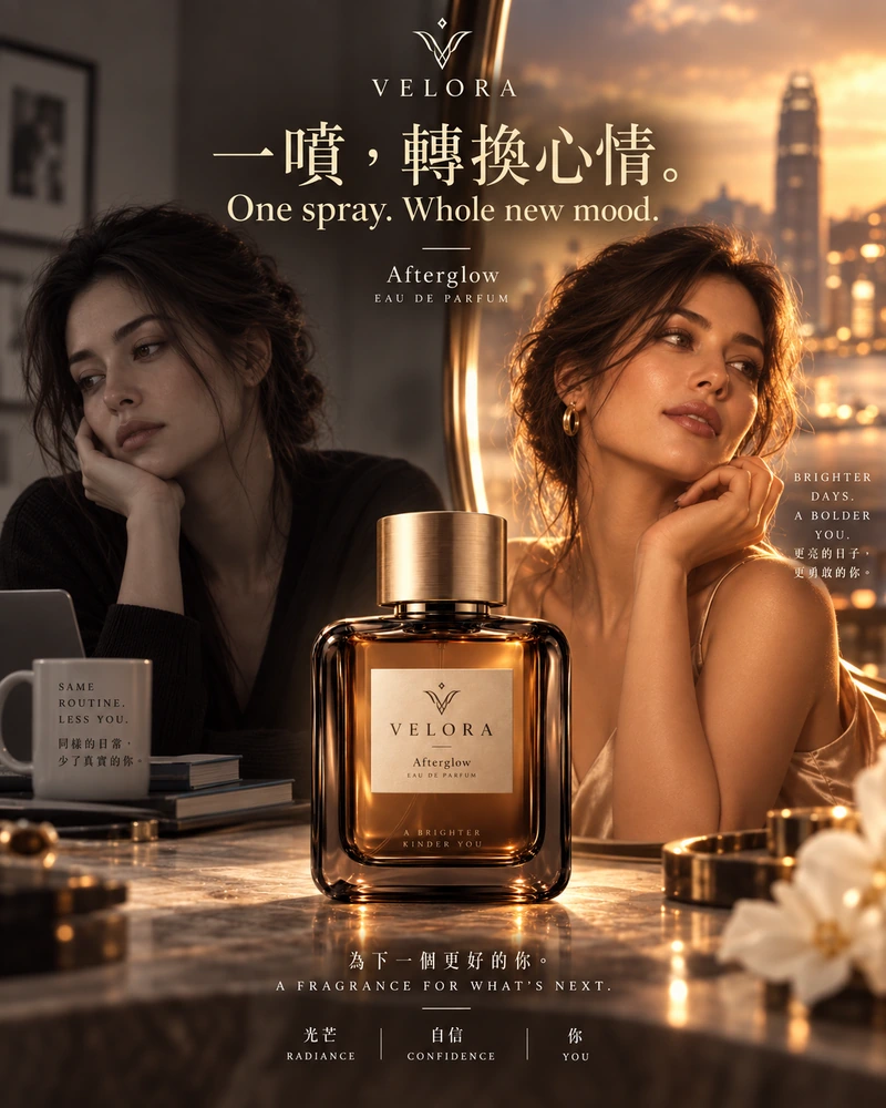 VELORA Afterglow 心情轉換廣告概念：「一噴，轉換心情。」；用左右對比呈現同一女性的兩種狀態：一邊是偏灰、安靜的工作日常，另一邊是暖光、精心打扮的時刻。香水瓶位於中間，連接兩種生活感受。