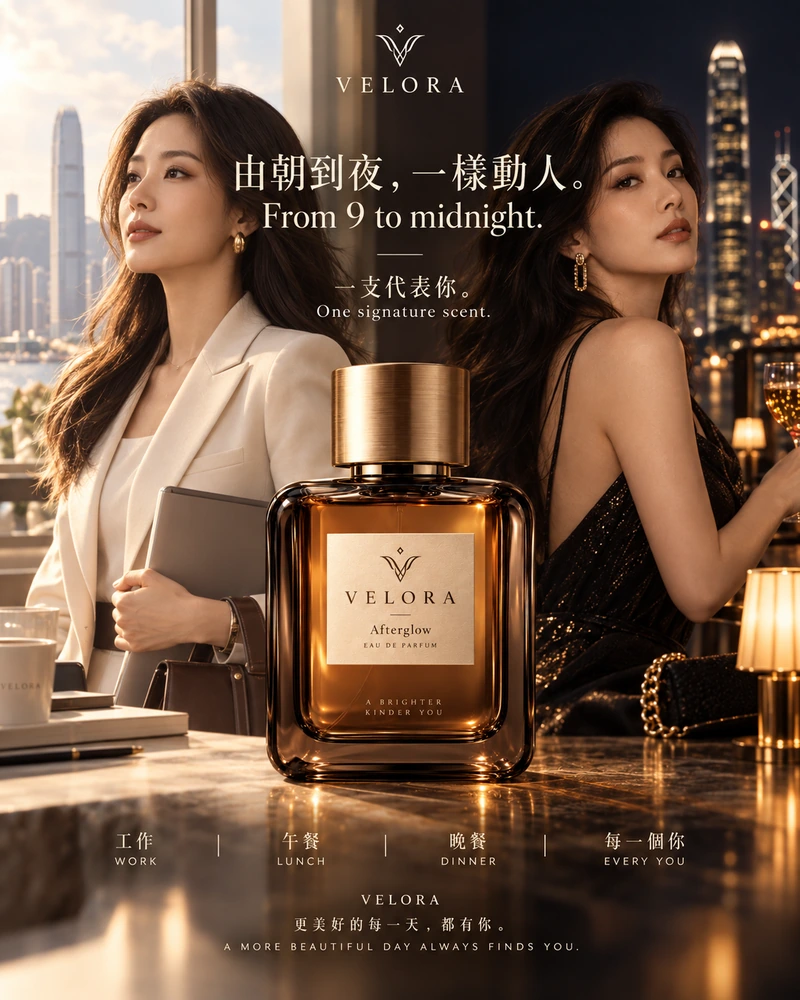 VELORA Afterglow 日夜場合廣告概念：「由朝到夜，一樣動人。」；以日夜分割畫面呈現同一女性的兩種穿搭：日間是淺色西裝、工作配件與明亮城市背景；晚間是深色晚裝、柔光與夜景。香水瓶在前景連接兩個場合。