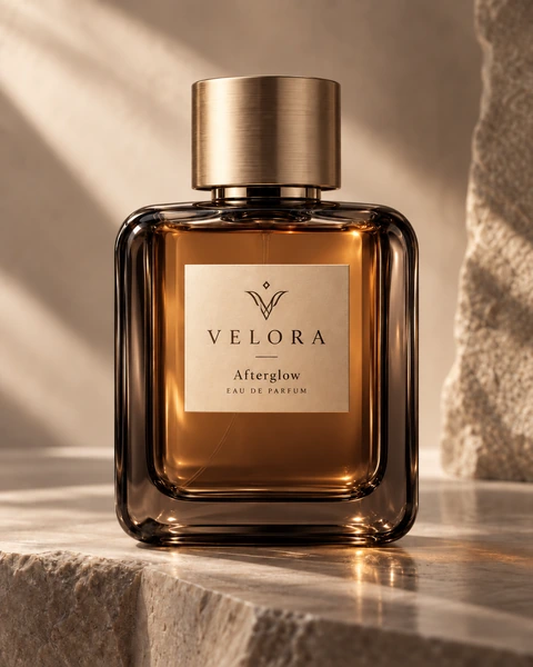 VELORA Afterglow — 以琥珀色香水瓶、香檳金瓶蓋及簡潔標籤，建立成熟、優雅、有質感的香氛品牌形象。