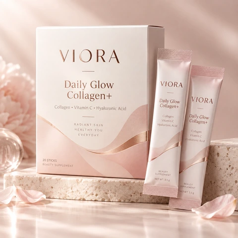 VIORA Daily Glow Collagen+ — 玫瑰金與柔粉色盒裝，配合獨立條裝包裝，呈現柔和、細緻嘅美容保養品牌形象。