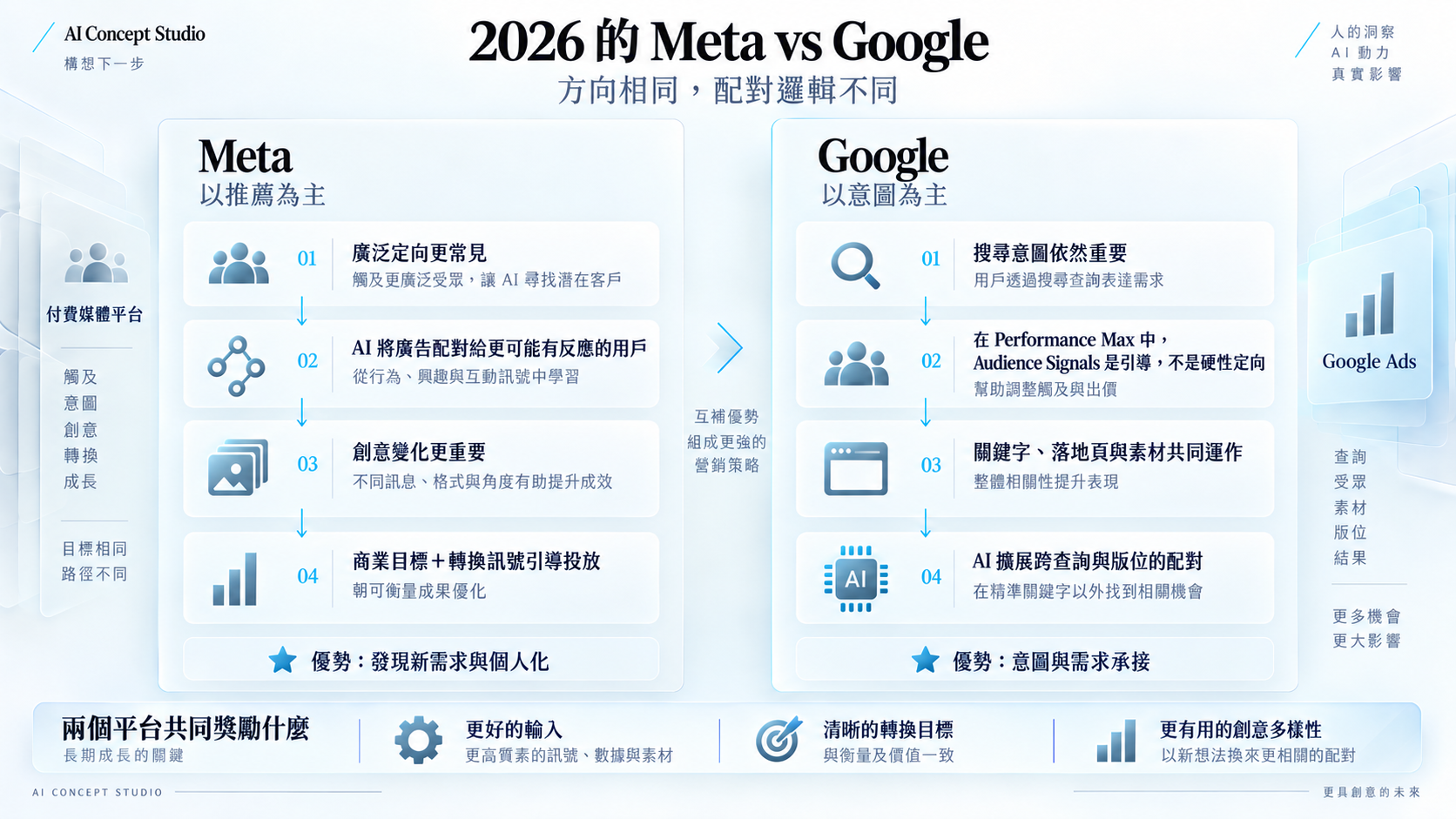 2026 年 Meta 與 Google 的廣告配對方式、訊號及創意投入比較