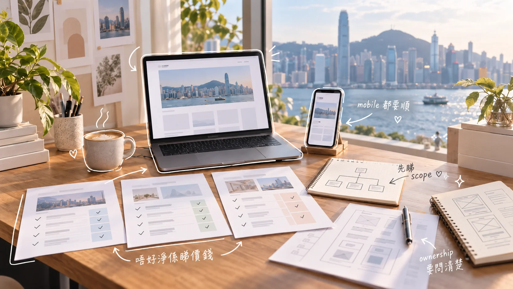 香港維港旁的網站規劃桌面，電腦與手機展示網站，桌上放有報價比較表、網站架構圖及線框稿。
