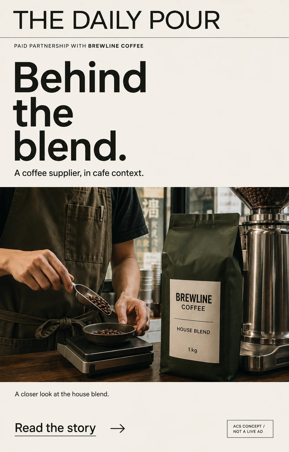 虛構專頁 The Daily Pour 與 Brewline Coffee 合作內容：Behind the blend 專題、咖啡店情境及付費合作標示。