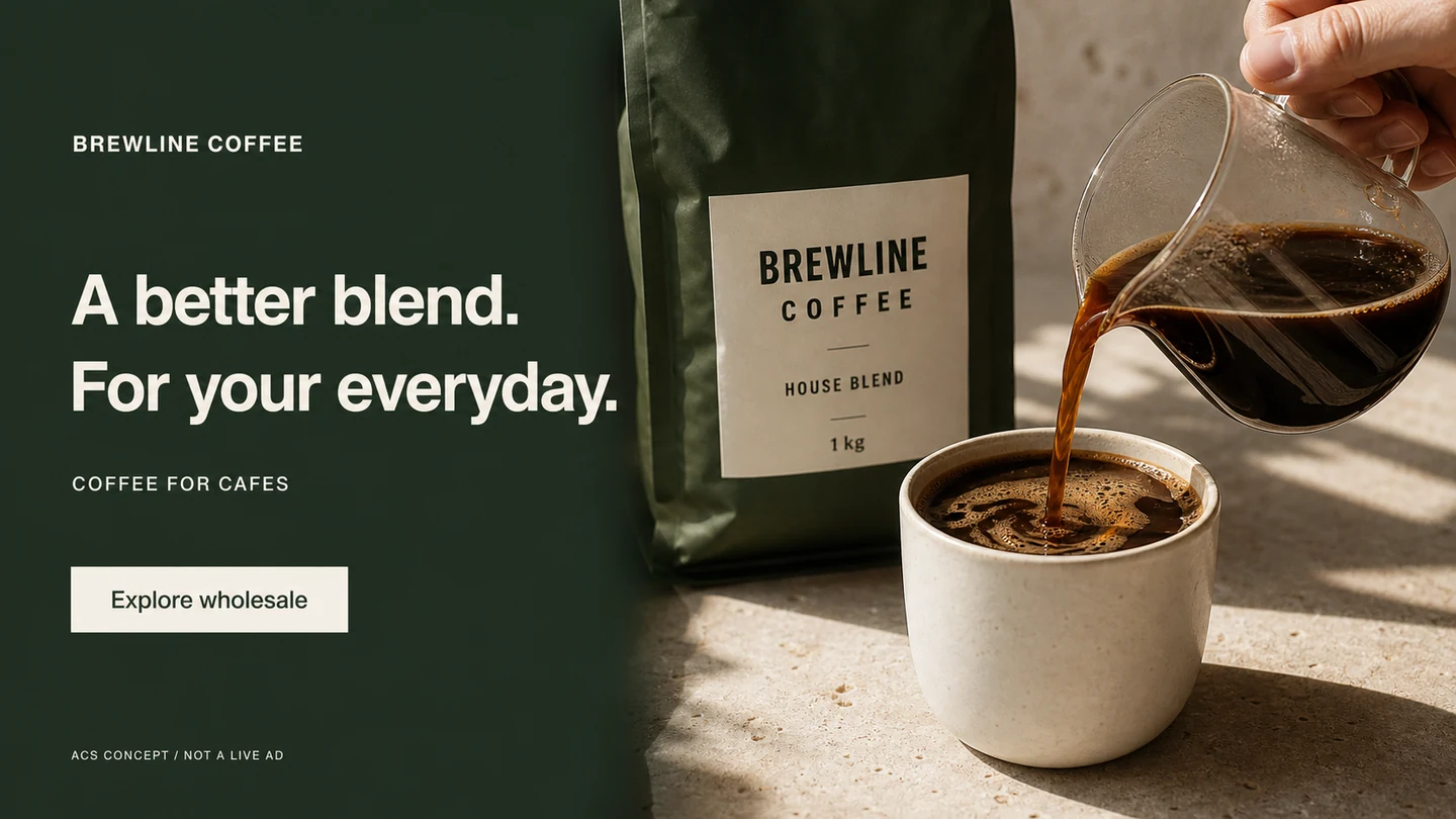 Brewline Coffee 虛構橫向廣告主視覺：A better blend. For your everyday. 咖啡倒入杯中，配合批發查詢 CTA；影片關鍵畫面靜態示範。