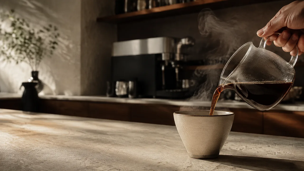 AI 生成嘅虛構咖啡店情境：石面吧枱上一杯正注入咖啡嘅陶瓷杯，用作合作內容及展示廣告素材示範